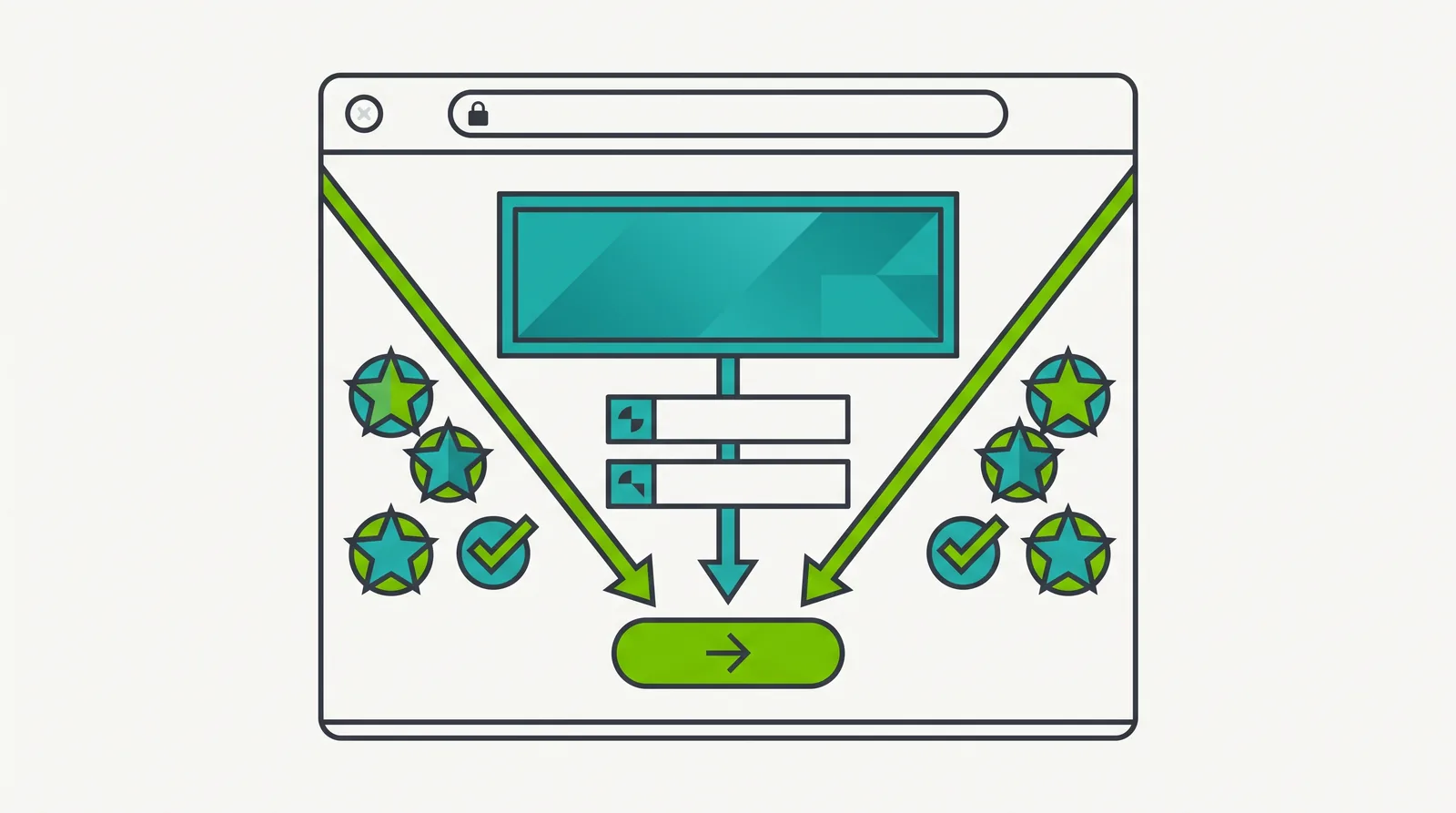 Ilustracion de una landing page con hero, un solo boton de llamado a la accion, formulario corto y sellos de prueba social apuntando a una sola conversion.