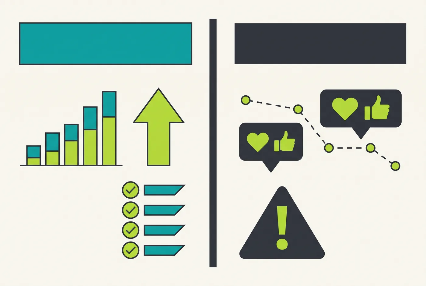 Diagrama comparativo lado a lado: a la izquierda una agencia que rinde con gráfica en ascenso y checklist, a la derecha una que vende humo con línea plana y señal de alerta.